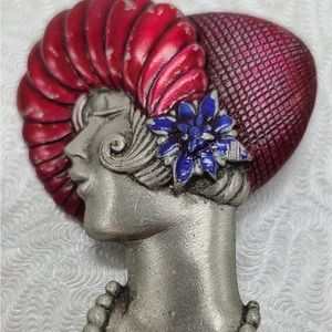 Vintage 1980s Signed JJ Lady's Head Pin Brooch Enamel Deco Flapper Girl